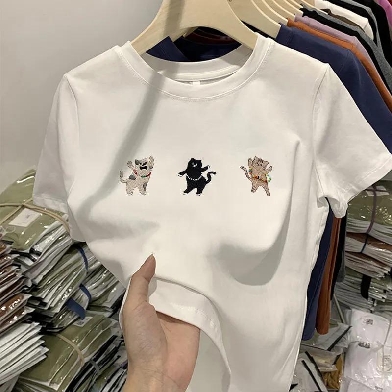 

Spring Summer Women Embroidered T Shirt 3 Cute Dancing Cats Casual Crew Neck Short Sleeve Soft Navy Blue Cotton Basic Tee S білий
