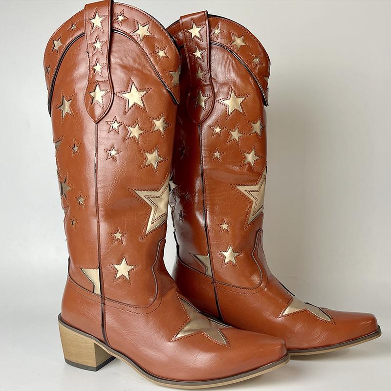 Fashion IPPEUM Western Cowboy Boots For Women Firebird Embroidery Leather Knee High Boot Country Western Brown Cowgirl Shoes Plus Size44