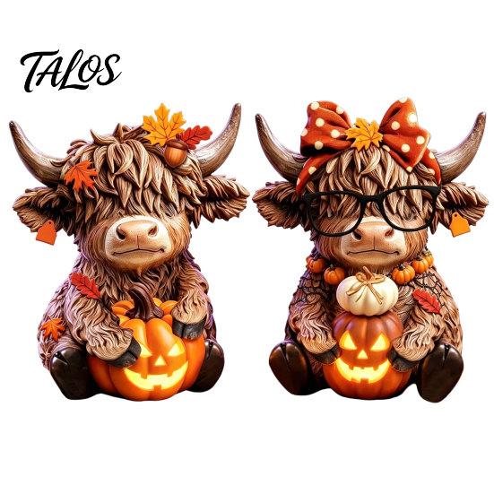 Country Home Ornament 2PCS Highland Cow Ornament, Wooden Rustic Style Figurine, Thanksgiving Figurines Theme Wood Art, for Entrance Living Room Decor
