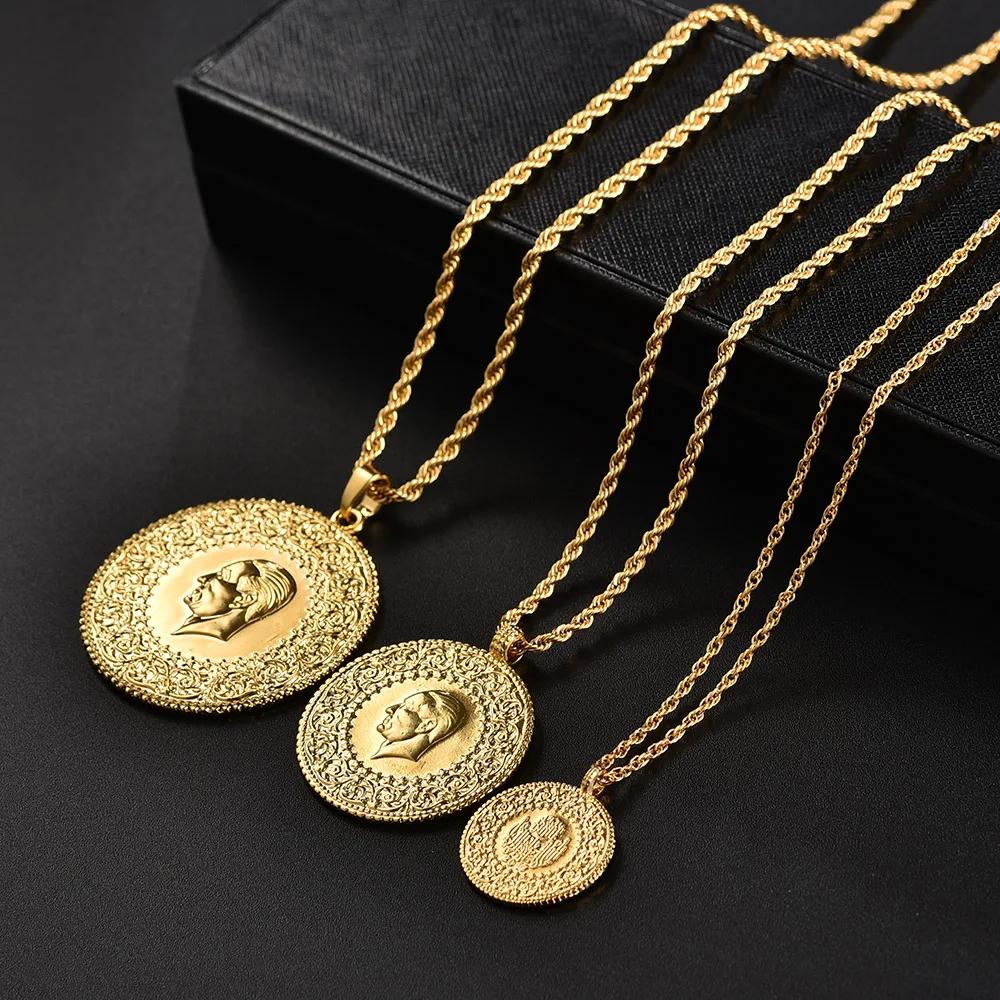 Türkische Münzen Schmuck Ethnische Geschenke Drei Größen Muslimisch Islam Türkei Atatürk Anhänger Allah Arabische Halsketten für Frauen Goldfarbe