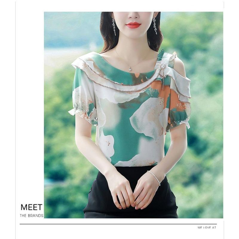 Sommer Neues Koreanisches Stil Chiffon Hemd Kurzärmelige Bluse Bedruckt Mode Locker Blumen Top