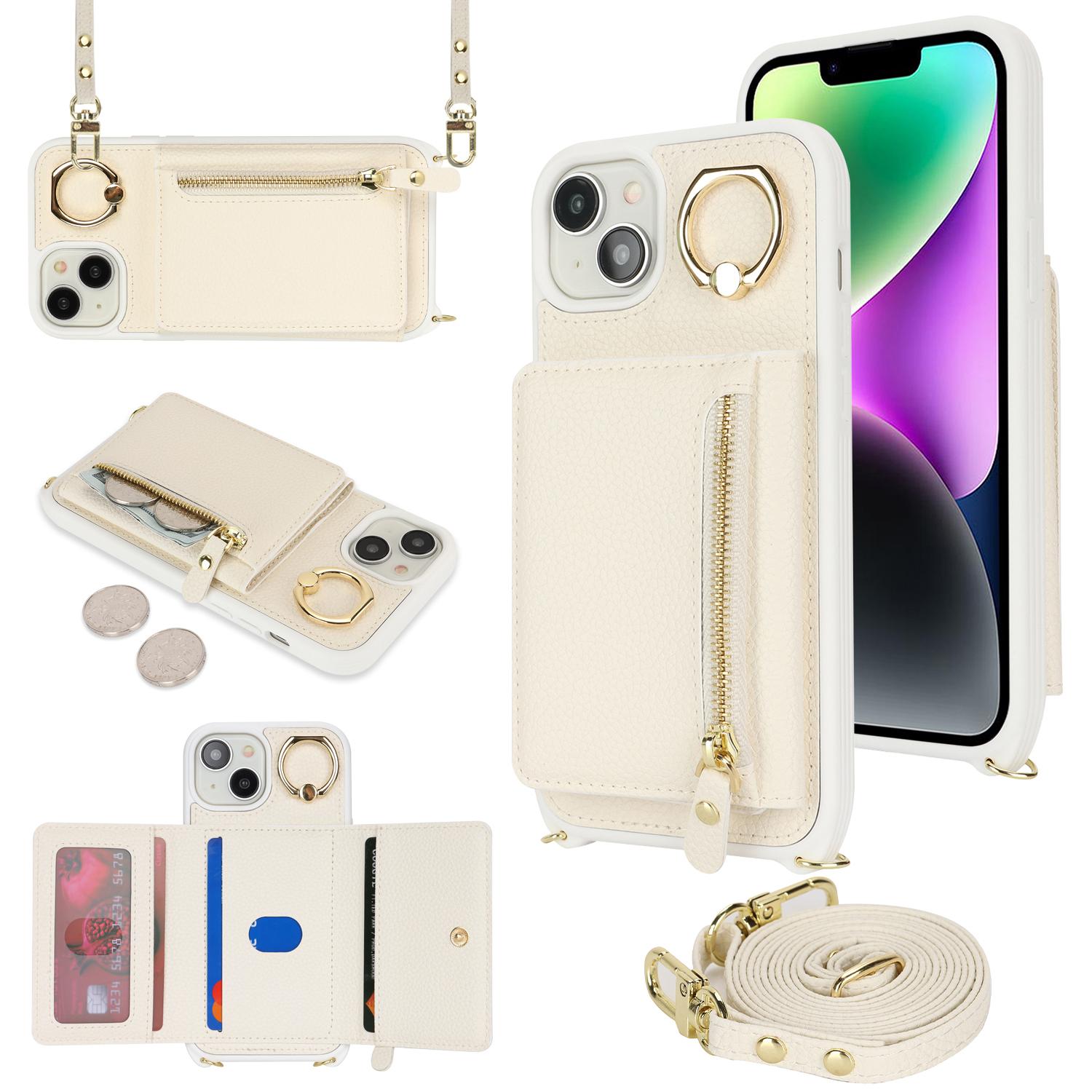 

Чехол для iPhone 14/13 с текстурой личи, карманом для карт, кожа+ТПУ, наплечный чехол для телефона с кольцом-подставкой G