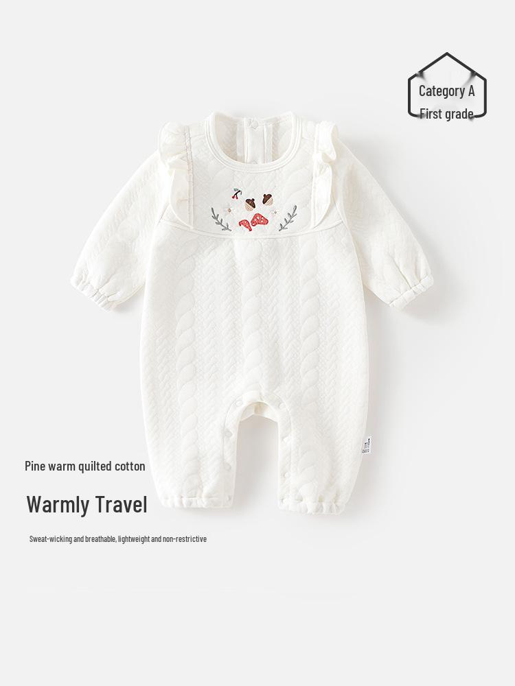 Adorable Quilted Cotton Long-Sleeve Romper for Baby Girls - Warm Infant Jumpsuit for Autumn and Winter