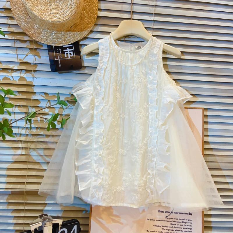 Summer Girls White Embroidered Lace Dress Sleeveless Ruffle Mesh Splicing Princess Party Dress For Kids 80cm