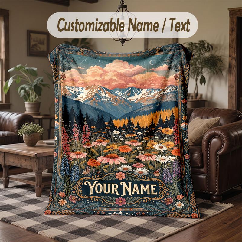 Mountain Floral Dream Theme Throw Blanket Custom Name Text Personalized Blanket Soft Cozy Blanket for Home Sofa Bed