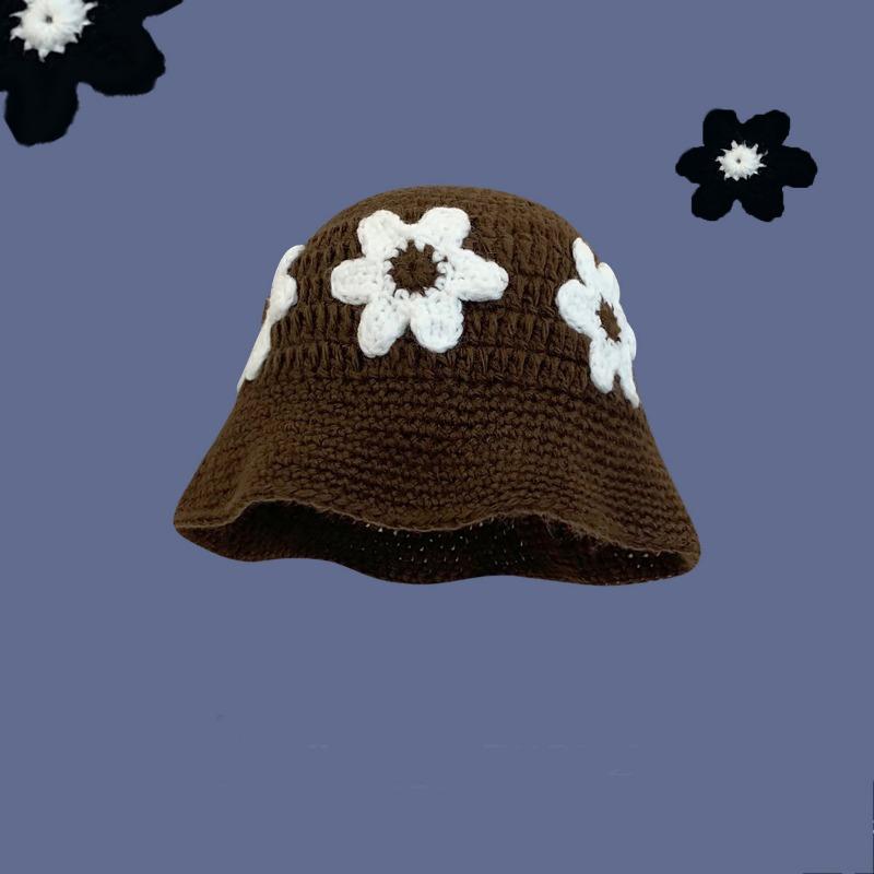 New fresh flower handmade knitted wool hat female sweet versatile face small bucket hat plain face