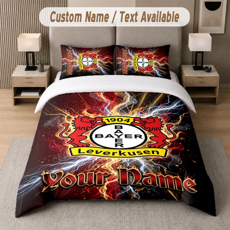 Custom Bedding Set Bayer Leverkusen Football Pattern, Print Name Text 1 Duvet Cover Plus 2 Pillowcases Home Textile