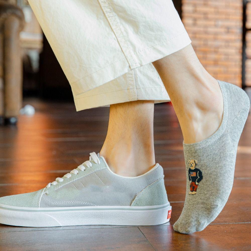 Socks Bear Invisible Cotton Casual Hosiery Men's Boat Socks Korean Style Socks Middle Tube Hosiery