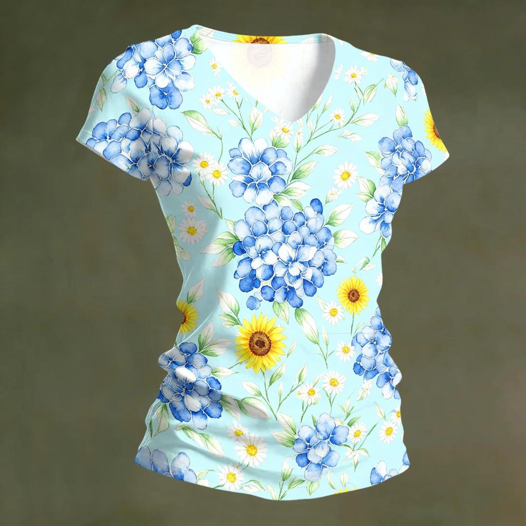 Women V Neck Short Sleeve Floral Print Casual T Shirt Top Comfortable Lightweight Loose Fit Summer Wear for Daily Office Travel