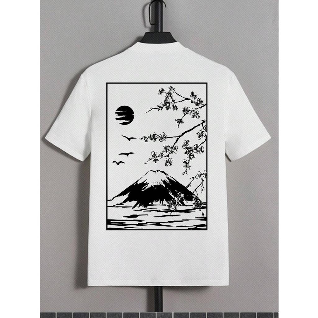 Tokyo Sakura Mount Fuji Business Card T Shirt Men Fashion Tee Clothing Cotton Summer Casual Tops Hip Hop Loose Cotton T-Shirt