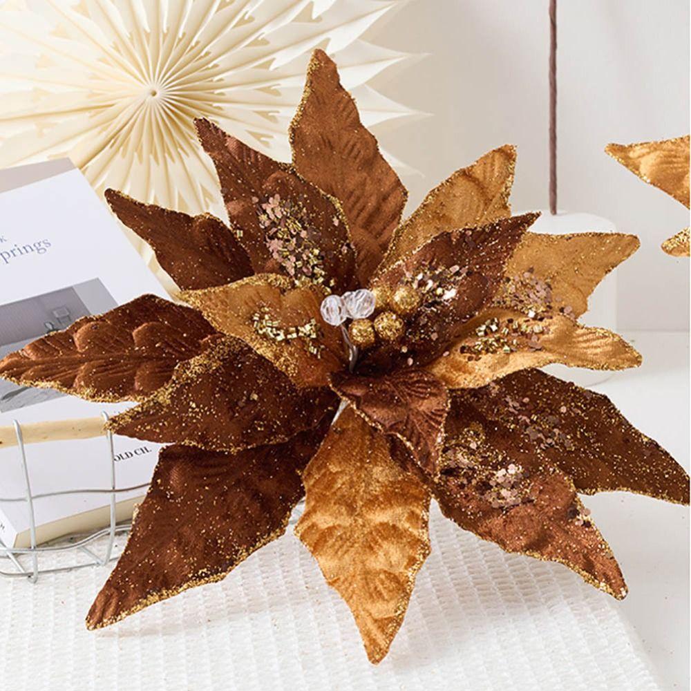 Flannel Fabric Christmas Artificial Flowers Plastic Glitter Glitter Fake Flower 32cm DIY Glitter Poinsettia