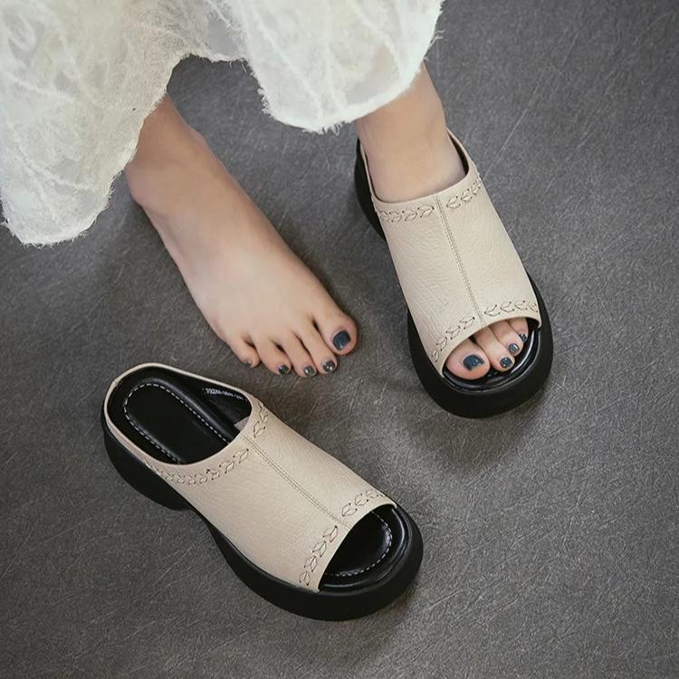 Johnature Genuine Leather Peep Toe Wedges Slippers Versatile Thick Soled Comfortable Women's Outdoor Slides