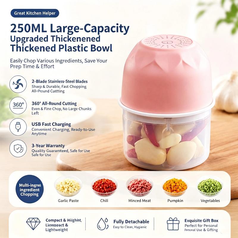 Wireless Electric Garlic Chopper 2 Stainless Steel Blades 250Ml Glass Container For Home Kitchen Mincing Garlic Veggies Spices