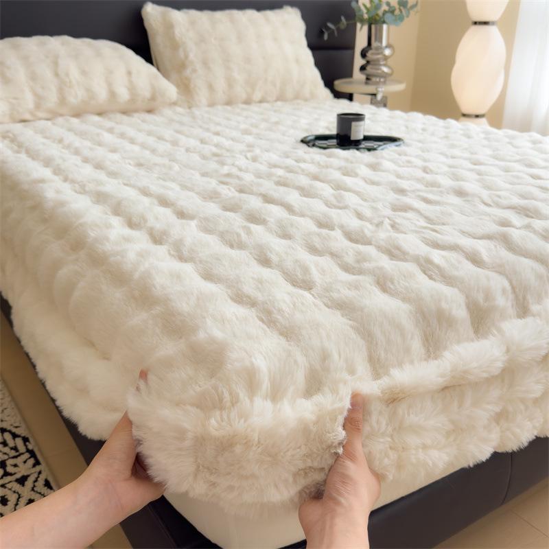 Plush Fleece-Lined Rabbit Fur Fitted Sheet Set - Double Bed, Winter Warmth, 3-Piece Mattress Protector