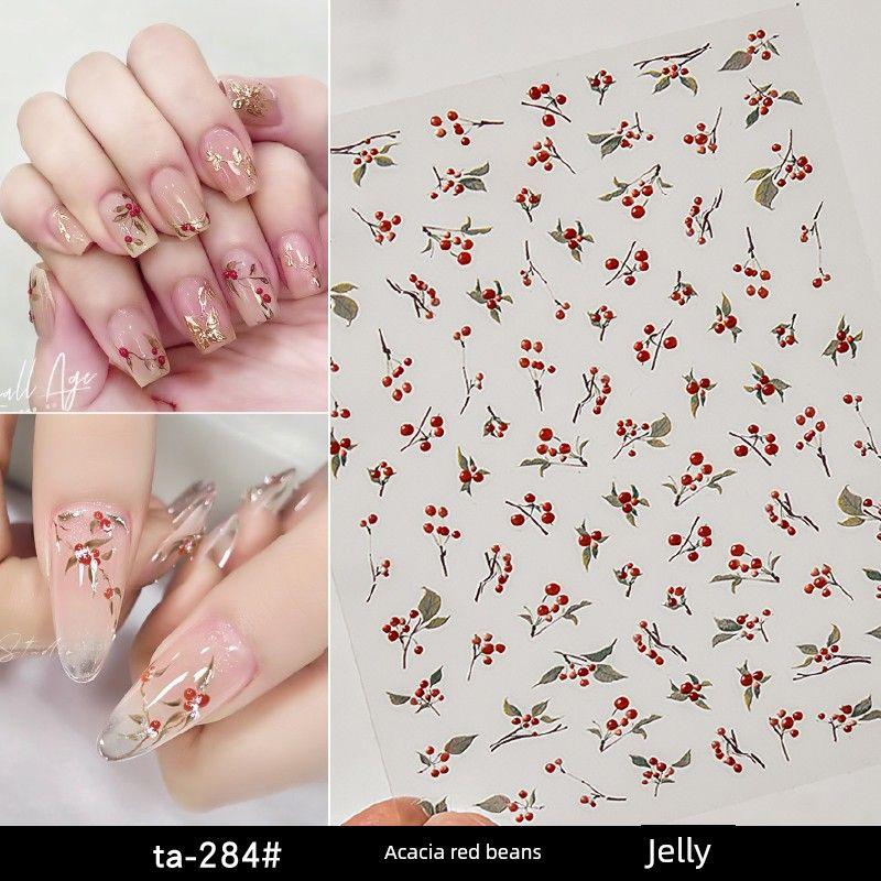 

New Guo Feng Best Selling Wine Red Cherry Nail Stickers Embossed Pure Desire Cute Small Cherry Nail Decals Decorations ta284-Acacia Red Bean [Jelly]]