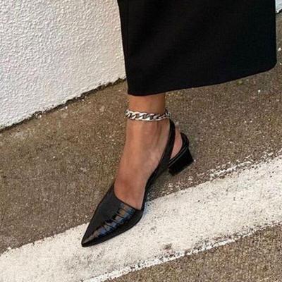 Deri Vintage Sivri Burun Kadın Ayakkabı İlkbahar Yaz Parti Dans Slingback Topuk Sandalet Pompaları