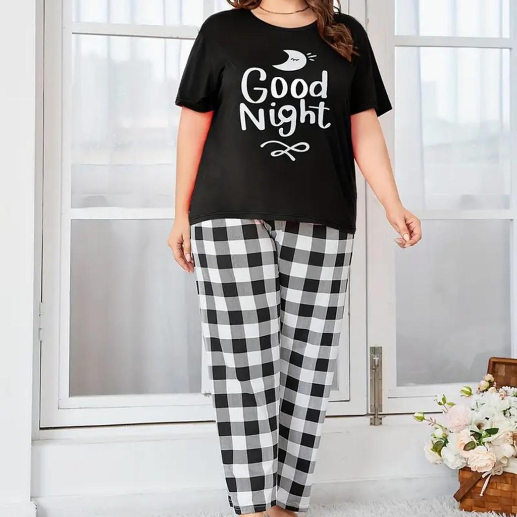 2024 Übergröße Damen Pyjama-Set - Gestreifte Karohose & Wasserzeichen-Oberteil