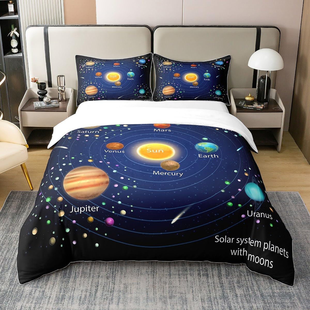 

Комплект постільної білизни Космічний простір, Дитячий дитячий покривало з сонячною системою, Покривало на ковдру з планетами Всесвіту, Астрономія Чумацький Шлях Комплект постільної білизни 150x200cm