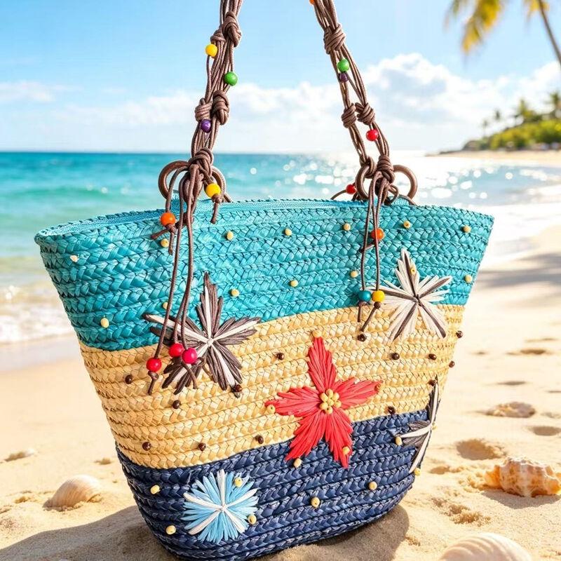 Kairui 2026 Ethnic Floral Embroidered Color-block Straw Handbag