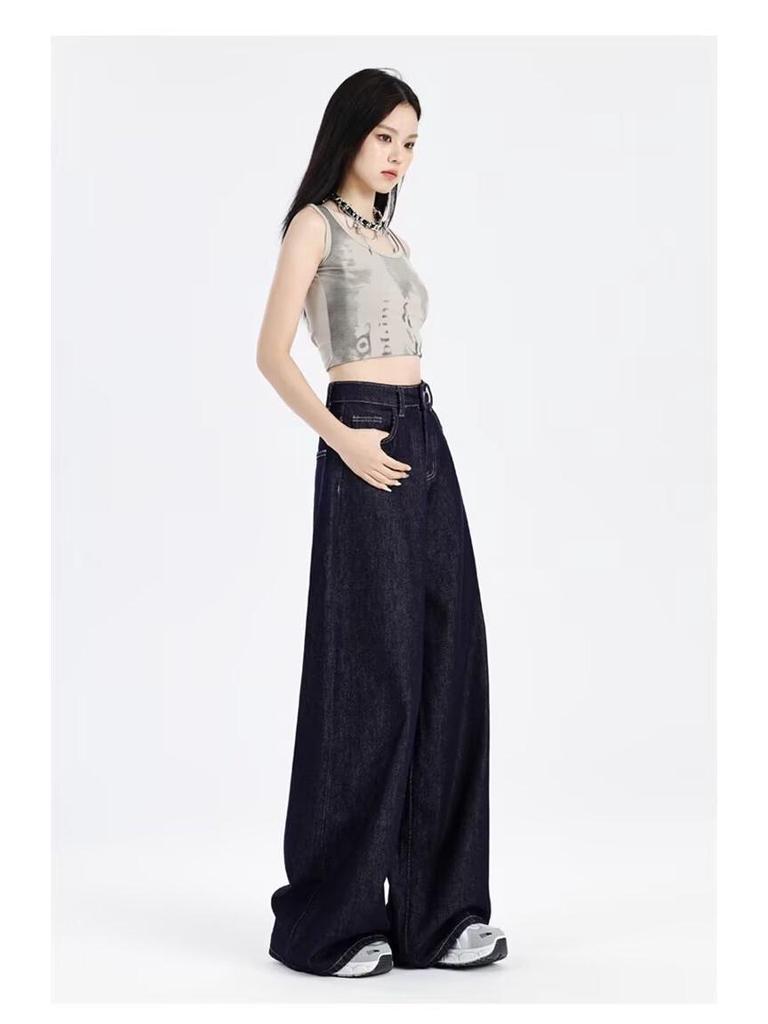 Women's American-Style Dark Blue Summer Jeans - Light, Straight-Leg, Loose Wide-Leg Pants