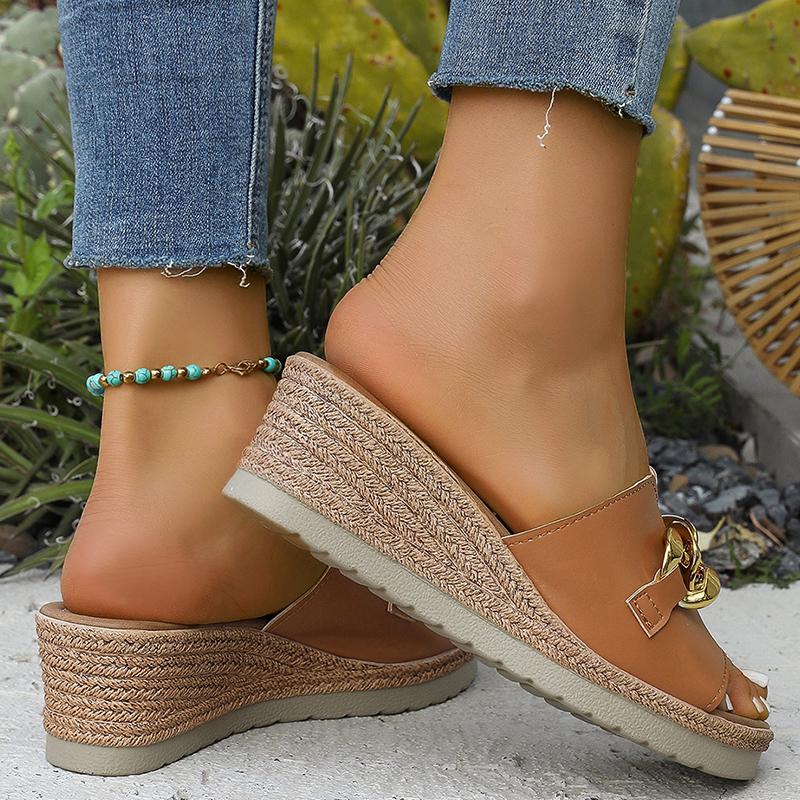 Fashion Metal Decor Pu Leather Summer Slippers Women Fashion Peep Toe Wedge Sandal Ladies Plus Size Solid Color High Heel Slides Mujer