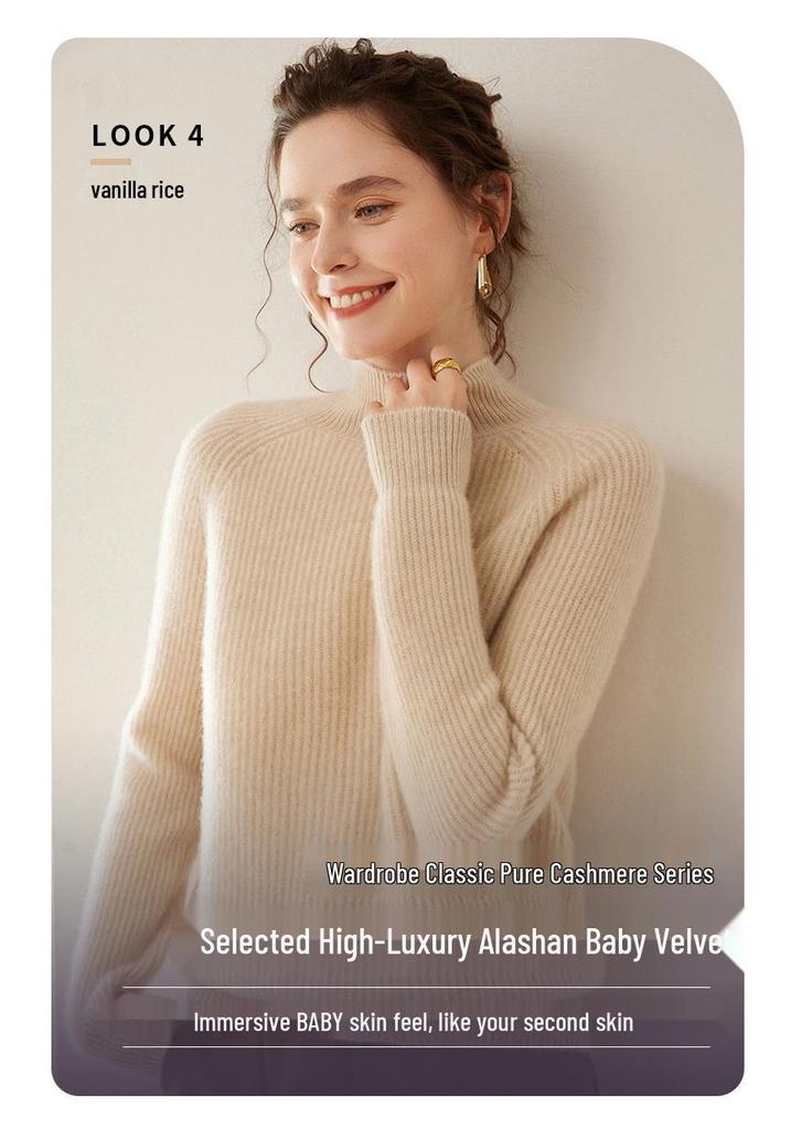 Women's Cashmere Raglan Sleeve Half-High Neck Sweater - Thickened Garter Stitch Knitwear, Versatile and Casual