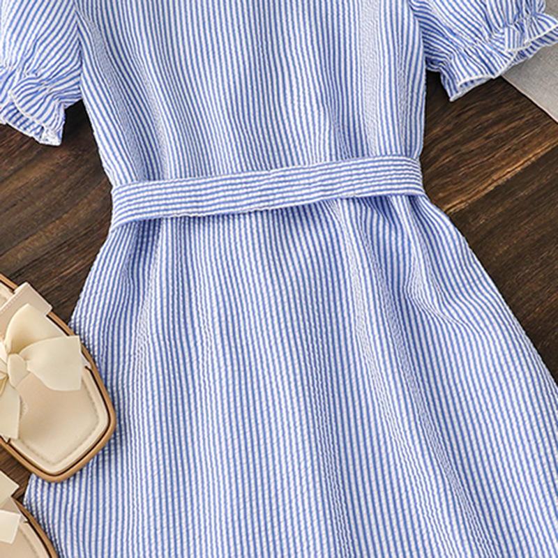 Girl Short Sleeves Striped Print Dress Children Kid Casual Summer Beach Sundress Princess Dresses Clothes