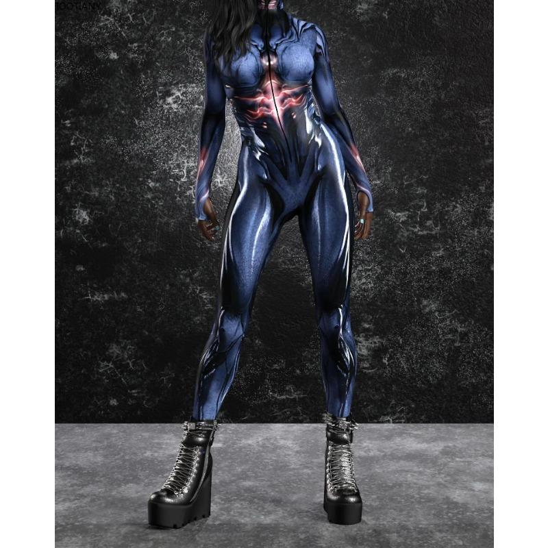 New Halloween Dark Symmetrical 3d Printed Jumpsuit Adult Sexy Skeleton Cosplay Bodysuit Party Stage Showing Catsuit Rave Outfits