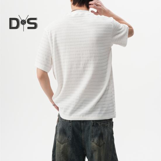 Men T-shirt Round Neck Short Sleeve 3D Striped Jacquard Design Tee Shirt Solid Color Loose Fit Summer Casual Tops