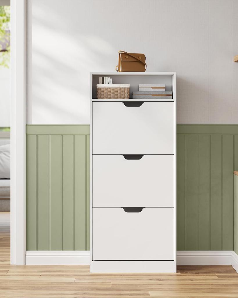 VASAGLE Shoe Cabinet with 3 Hinged Doors, Shoe Rack, Open Compartment, Adjustable Divider, 14 to 18 Pairs, for Small Entrance, 24 x 60 x 139 cm