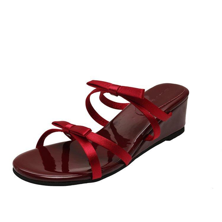 

French leopard print bow wedge heel thick bottom cool slippers women s 2025 summer new fashion open toe one-word drag 35 красный