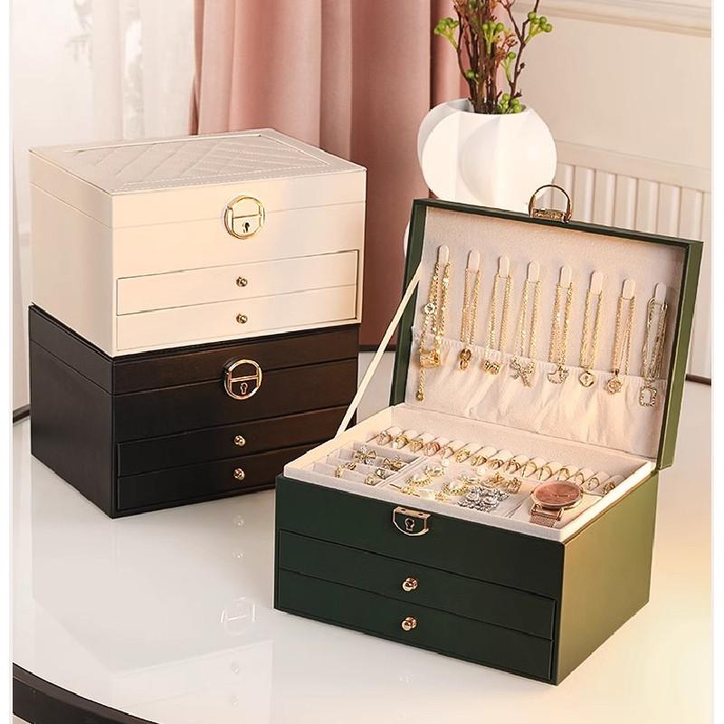 Classic Leather Jewelry Box With Multiple Layers For Elegant Storage Of Earrings Rings And Necklaces