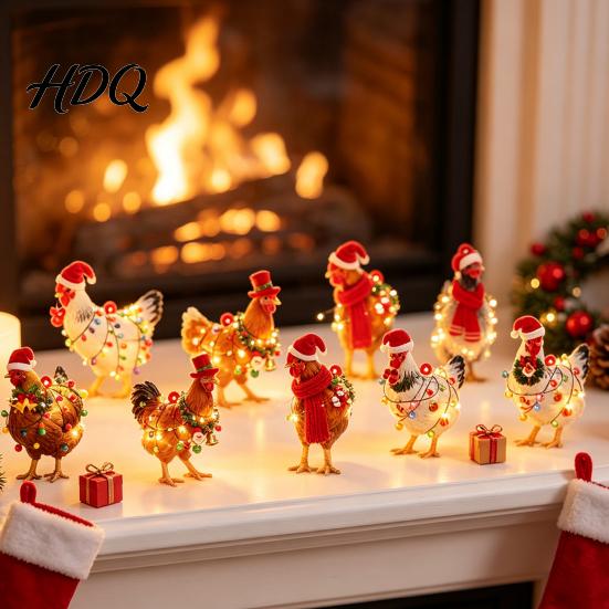 Funny Chicken Exchange Gifts for Friends Mini Christmas Ornament Cute Rooster with Santa Hat Wooden Xmas Tree Rustic Hanging Decor Decoration,