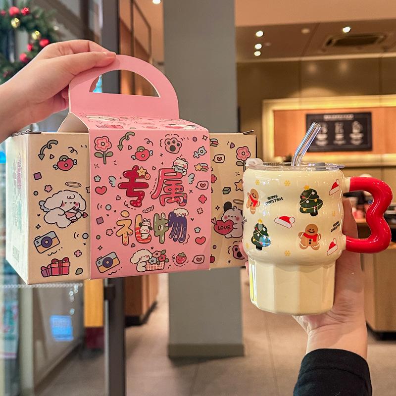Cute Christmas Ceramic Mug with Lid for Girl's Birthday Gift High-value Straw Mug Souvenir