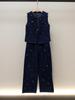 Women's Autumn Beaded Vest Top & A-Line Wide-Leg Denim Set