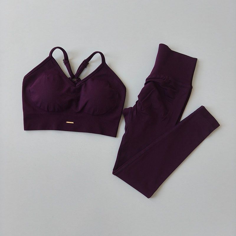 

European and American Style V-Neck Beautiful Back Fixed Chest Pad Bra Sweat-Absorbing Sports Tight Peach Butt-Lifting Leggings Fitness Yoga Set Grape Purple S (40-50kg)