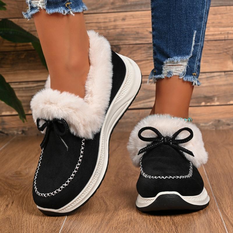 Women's Winter European & American Style Fuzzy Snow Boots - Bow Accent, Warm, Thick-Soled, Plus-Size, Fleece-Lined