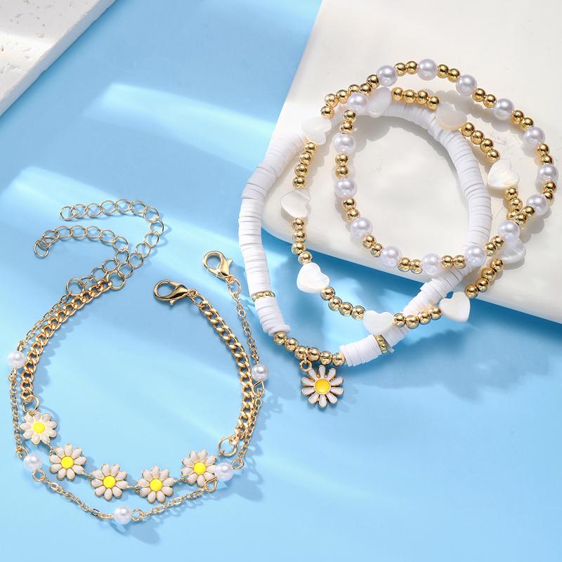 Personality Vintage Daisy Flower Pendant Bracelet Set for Women Bohemian Beaded Enamel Star Heart Pearl Bangles Trendy Jewelry Gifts