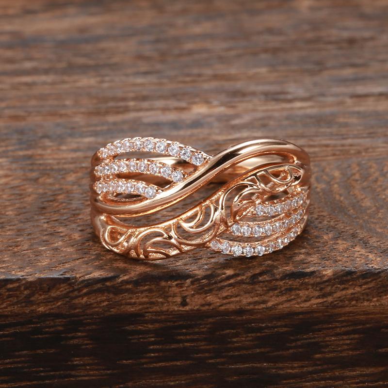 Luxury  Rose Gold Ethnic Bride Wedding Ring Hollow Flower Natural Zircon Women Rings Trend Daily Vintage Jewelry