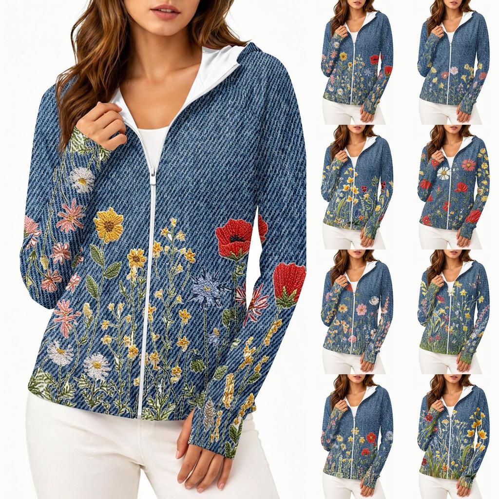 Sweat à capuche zippé pour femme Veste légère à manches longues Protection solaire avec capuche et poches Imprimé floral Tenue décontractée d'extérieur