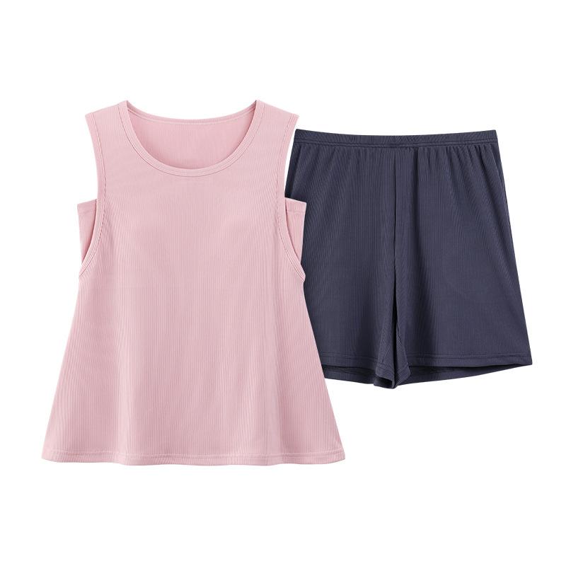 Summer New Ice Silk Threaded Pajamas Women's Simple Solid Color Vest with Chest Pad Loungewear Cool Set