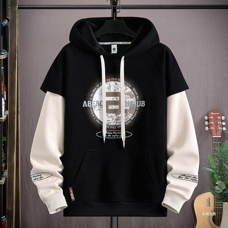 Men's Trendy Letter Print Hooded Sweatshirt - Spring & Autumn Faux Two-Piece Casual Sports Jacket