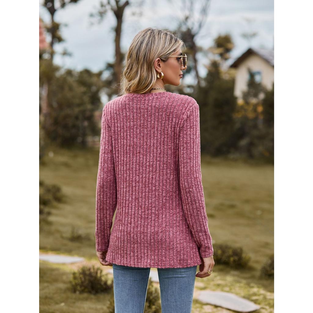 GMXIA Autumn Women's Round Neck Frosted Pit Strip Solid Color Top Long Sleeve T-shirt
