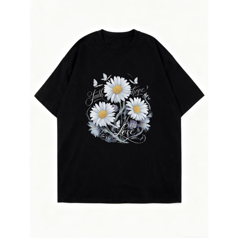 Oversized T Shirt Black Daisy Flower Faith Hope Love Print Casual Summer Wear