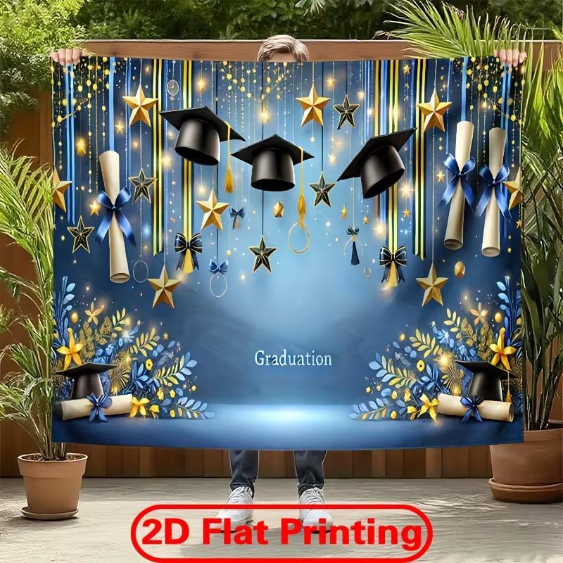 2D Blue Graduation Backdrop Gold Star Cap Diploma Graduation Photo Booth Background