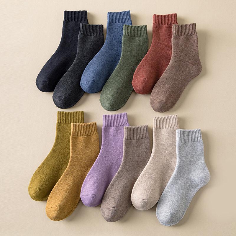 Women's Autumn/Winter Terry Socks - Velvet-Lined, Thick, Mid-Tube, Solid Color, Warm Towel Style.