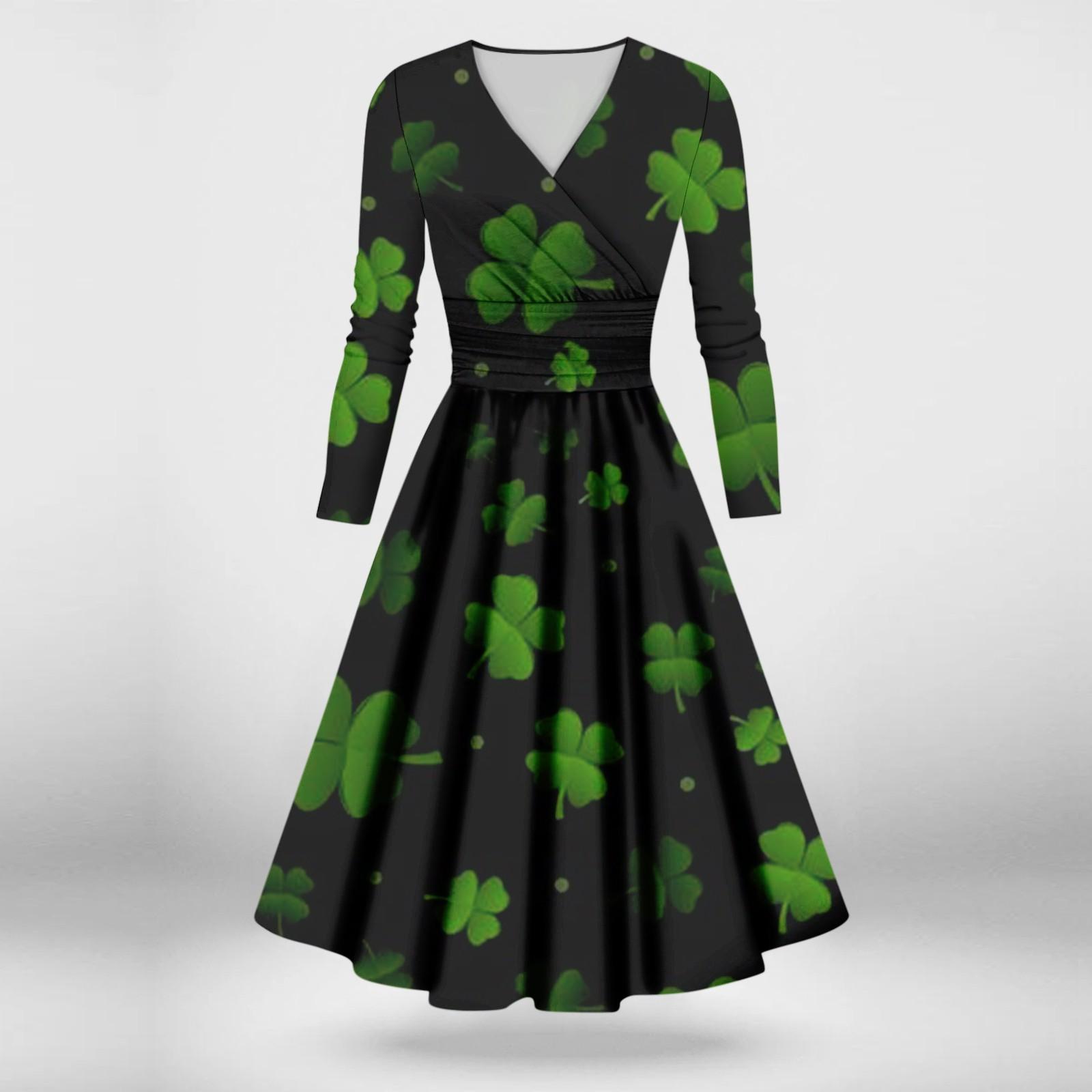 

Женская мода повседневная St. Сексуальное платье с принтом «День Патрика» с длинными рукавами и V-образным вырезом M