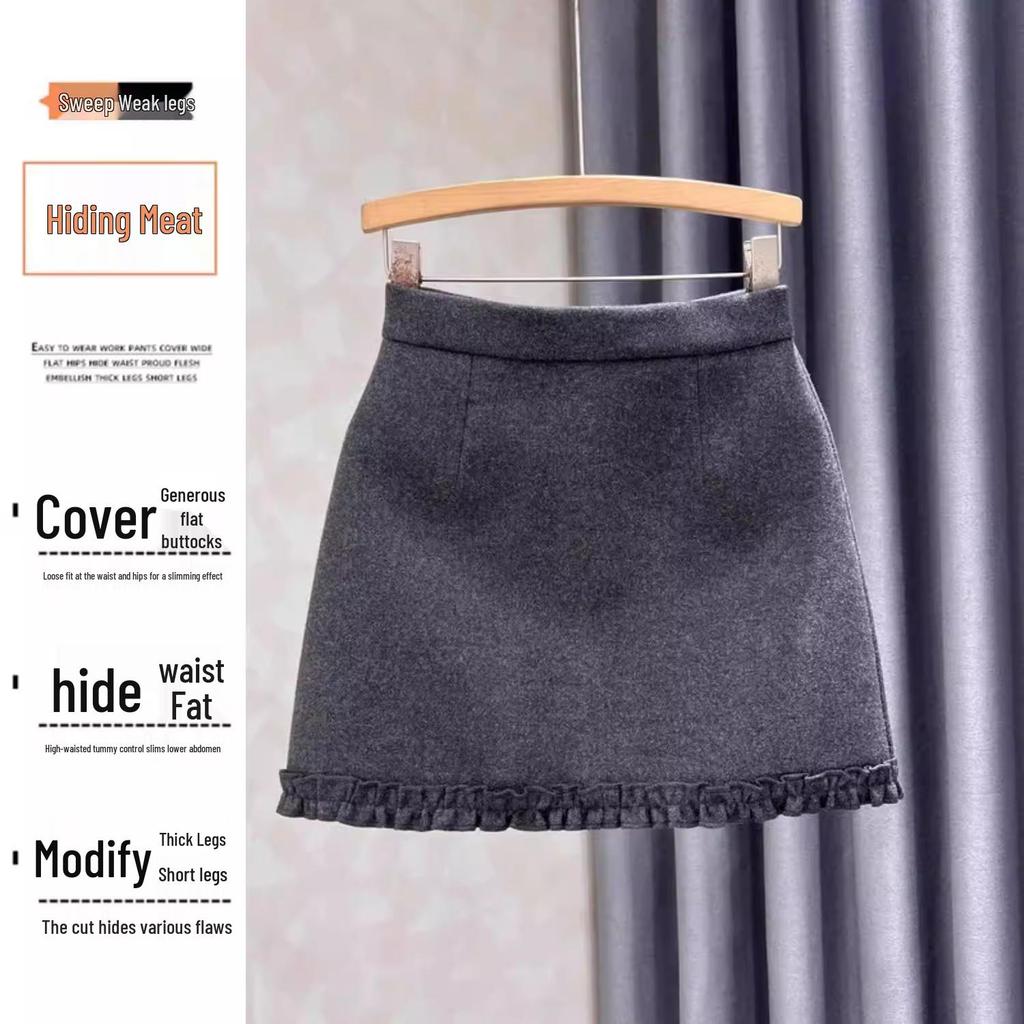 Women's Gray Wool Blend A-line High Waist Skirt - Autumn/Winter Slimming Petite Fit with Lace Detail
