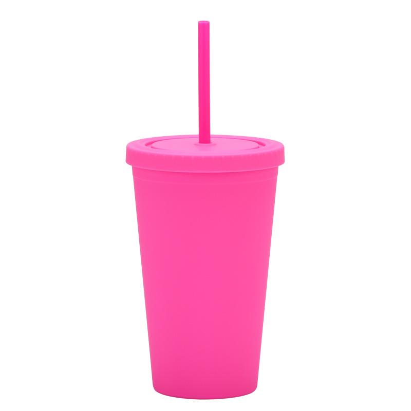 Candy Color Double-Layer Plastic Straw Cup 16Oz Drinking Cup Simple Plastic Matte Straw Cup