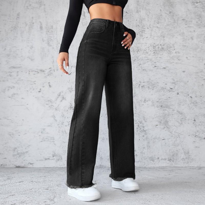 Womens High Waist Straight Leg Wide Jeans No Stretch Denim Pants Street Style